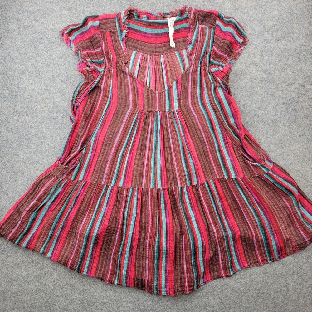 Free People Dress Womens Large Multicolor Stripe V Neck Boho Trapeze FP One‎